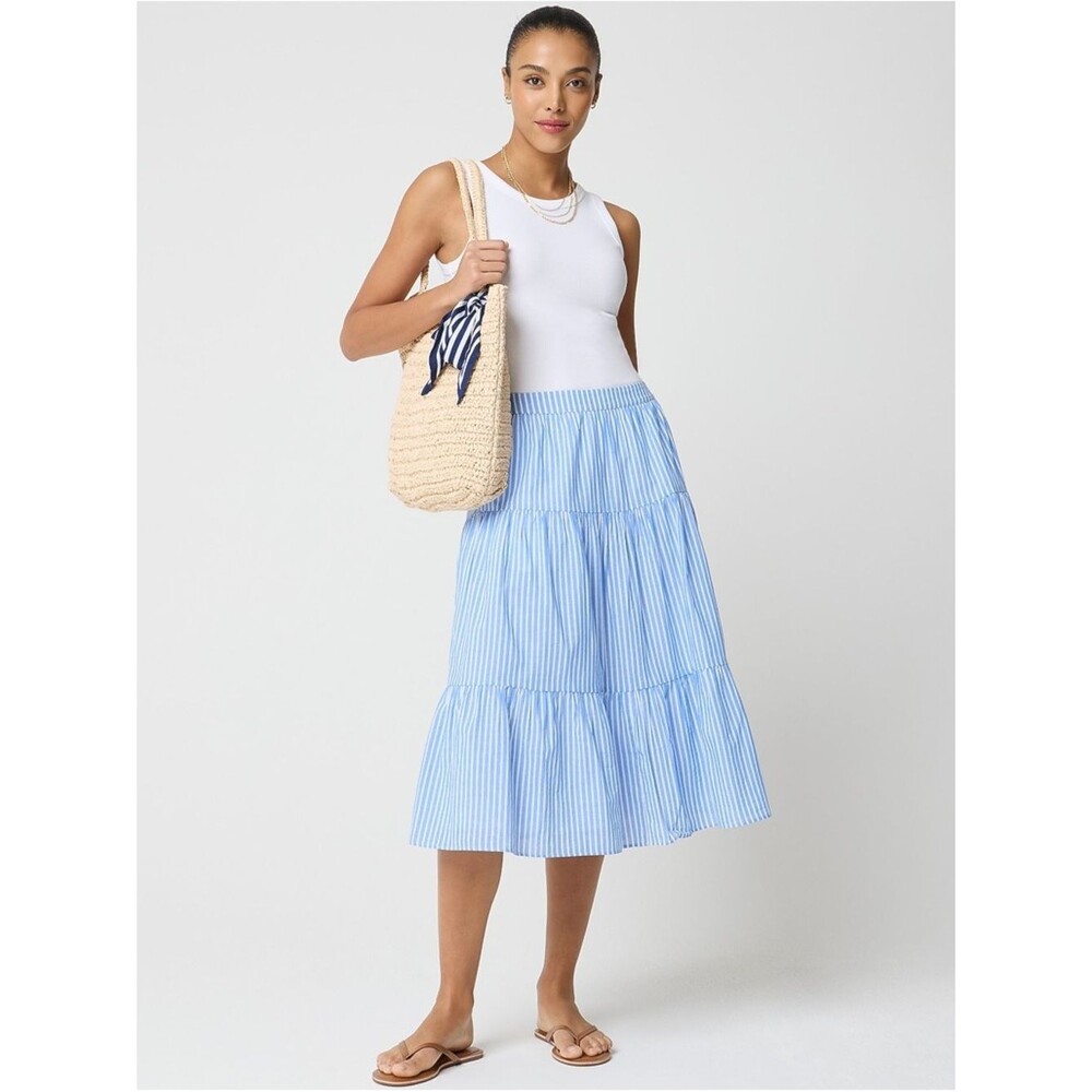 NWT J. Crew Sail Blue Light Blue & White Striped Cotton Tiered Midi Skirt Sz XL